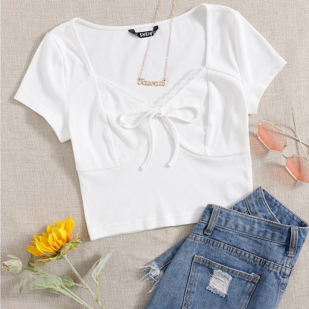 SHEIN White Crop Tie Front Blouse